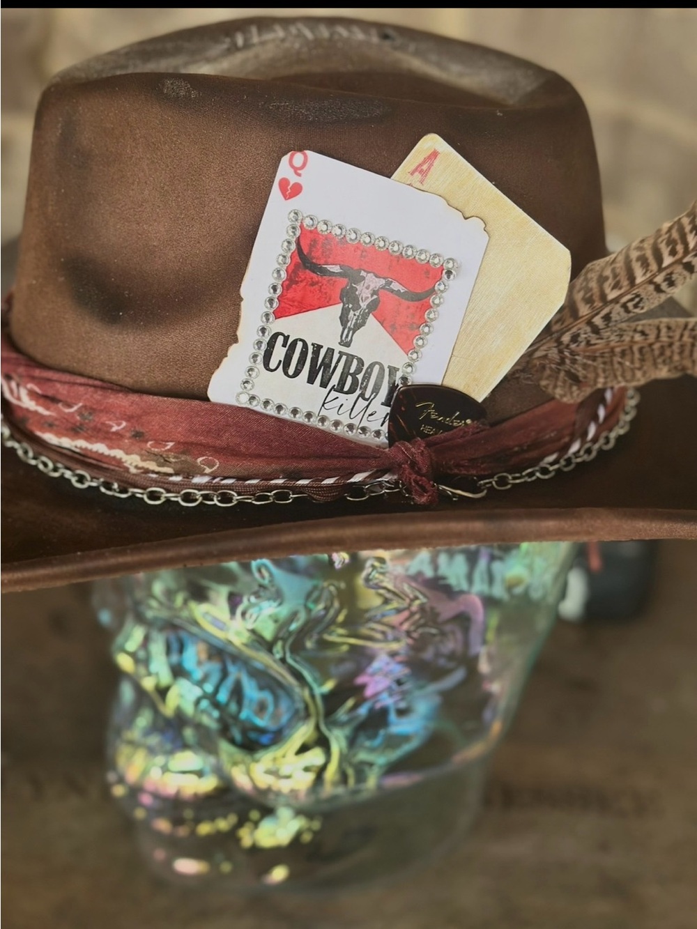Women’s Brown Distressed Leather Western Hat with Red Bandana Accent - Picture 4 of 5
